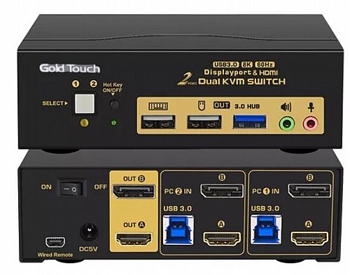 ��� KVM ��� ������ HDMI �-DP �-2 ����� �� ��� Gold Touch KVM-DPHD-2-2-8K